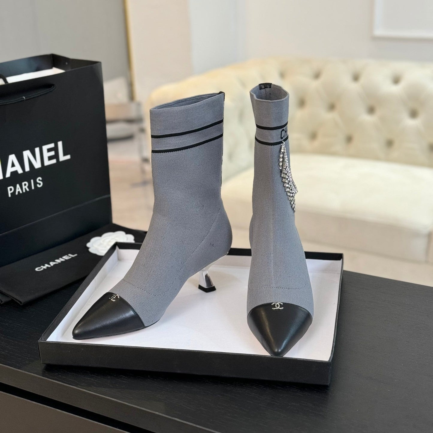 CHANEL Ankle Boots Grey Wool And Lambskin