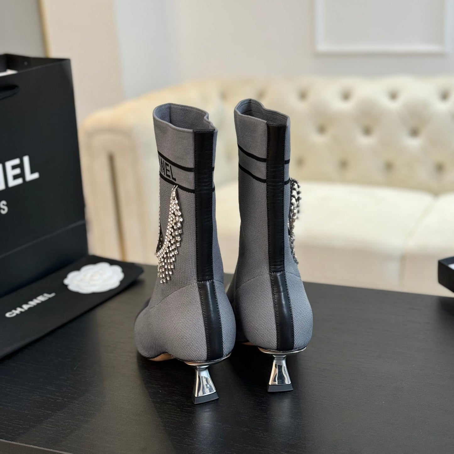 CHANEL Ankle Boots Grey Wool And Lambskin