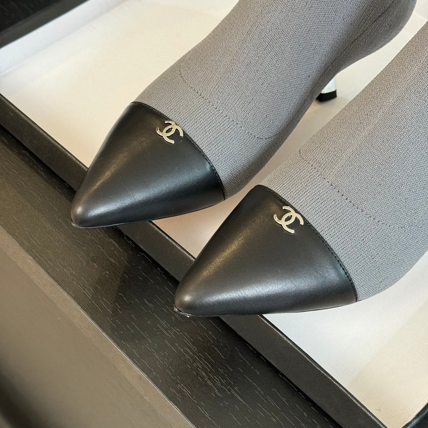 CHANEL Ankle Boots Grey Wool And Lambskin