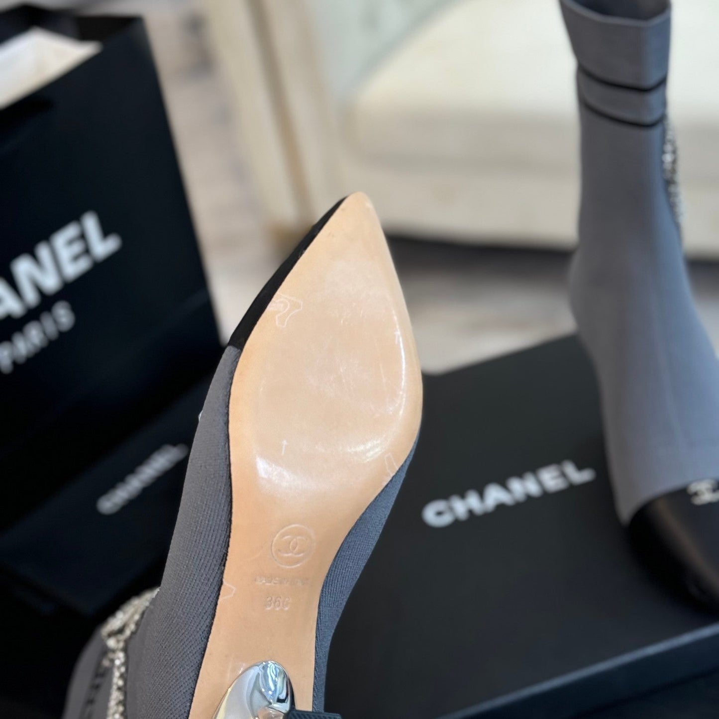 CHANEL Ankle Boots Grey Wool And Lambskin