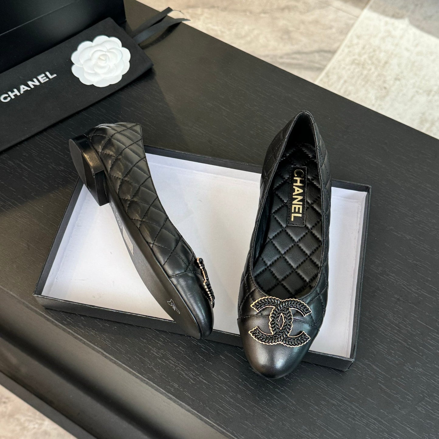 CHANEL ballet flat black quilted lambskin large black logo
