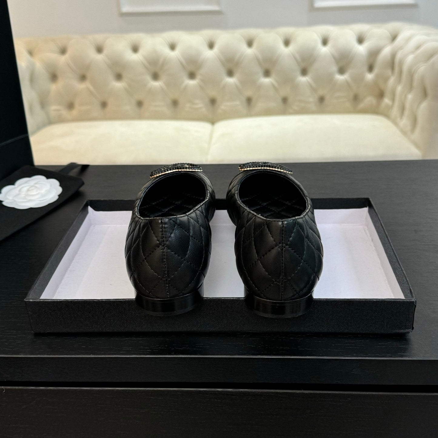 CHANEL ballet flat black quilted lambskin large black logo