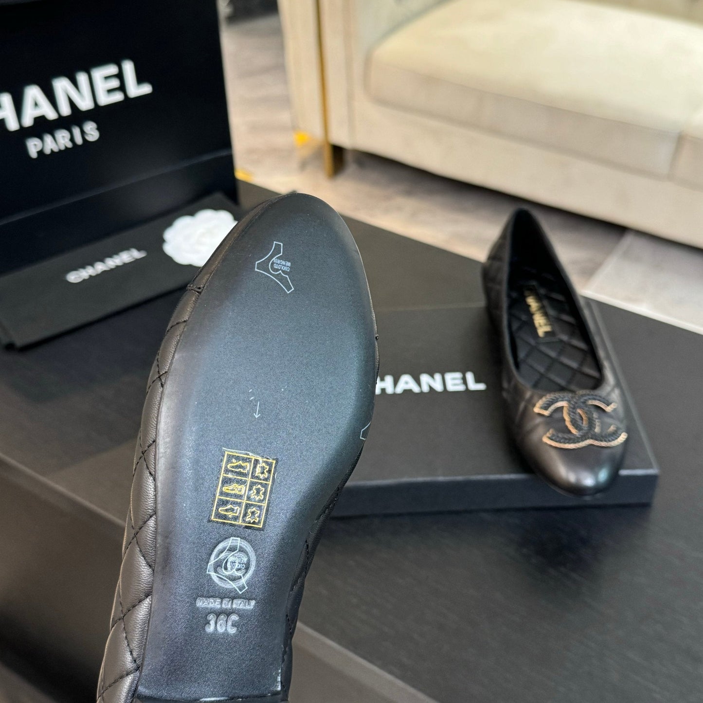 CHANEL ballet flat black quilted lambskin large black logo