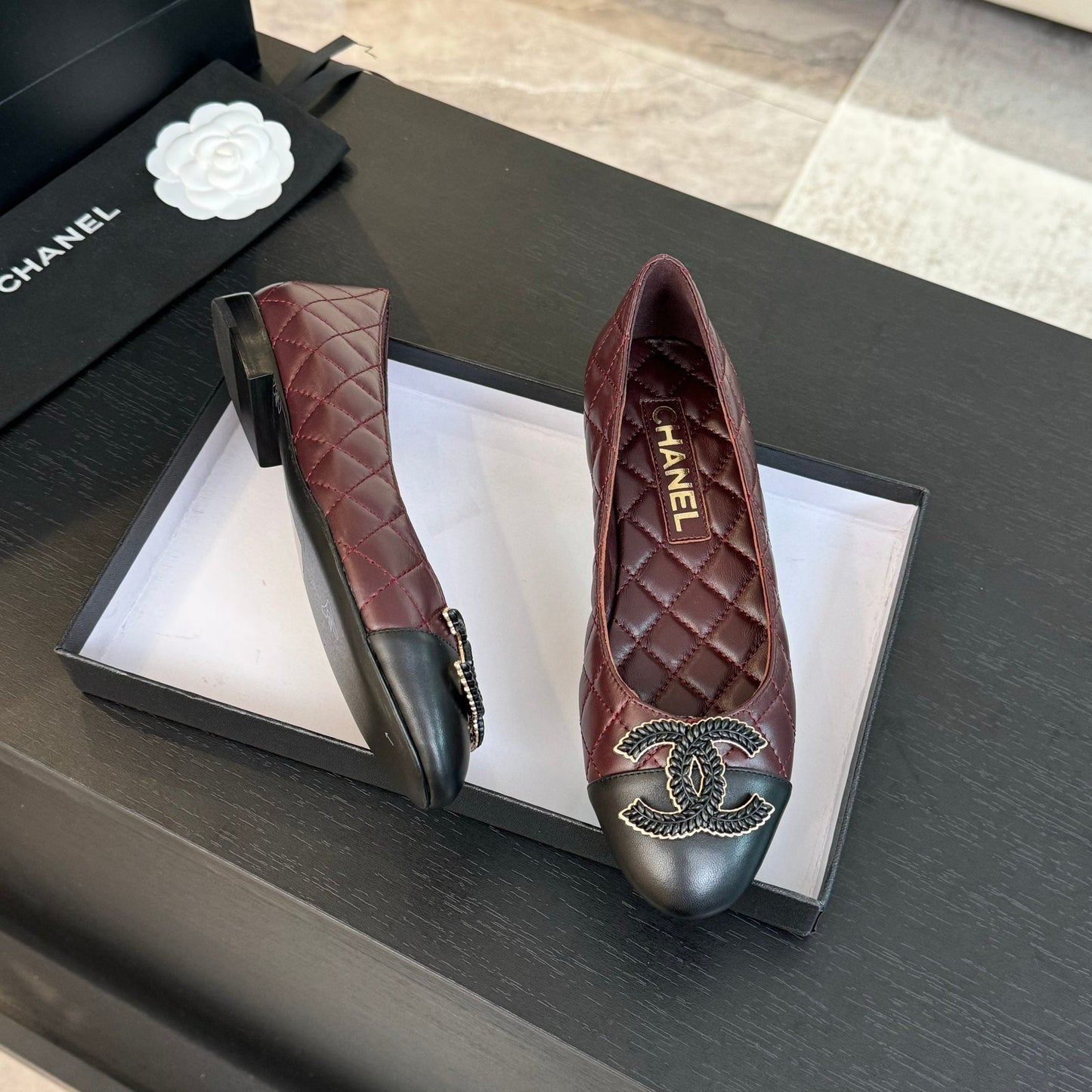 CHANEL ballet flat burgundy quilted lambskin large black logo