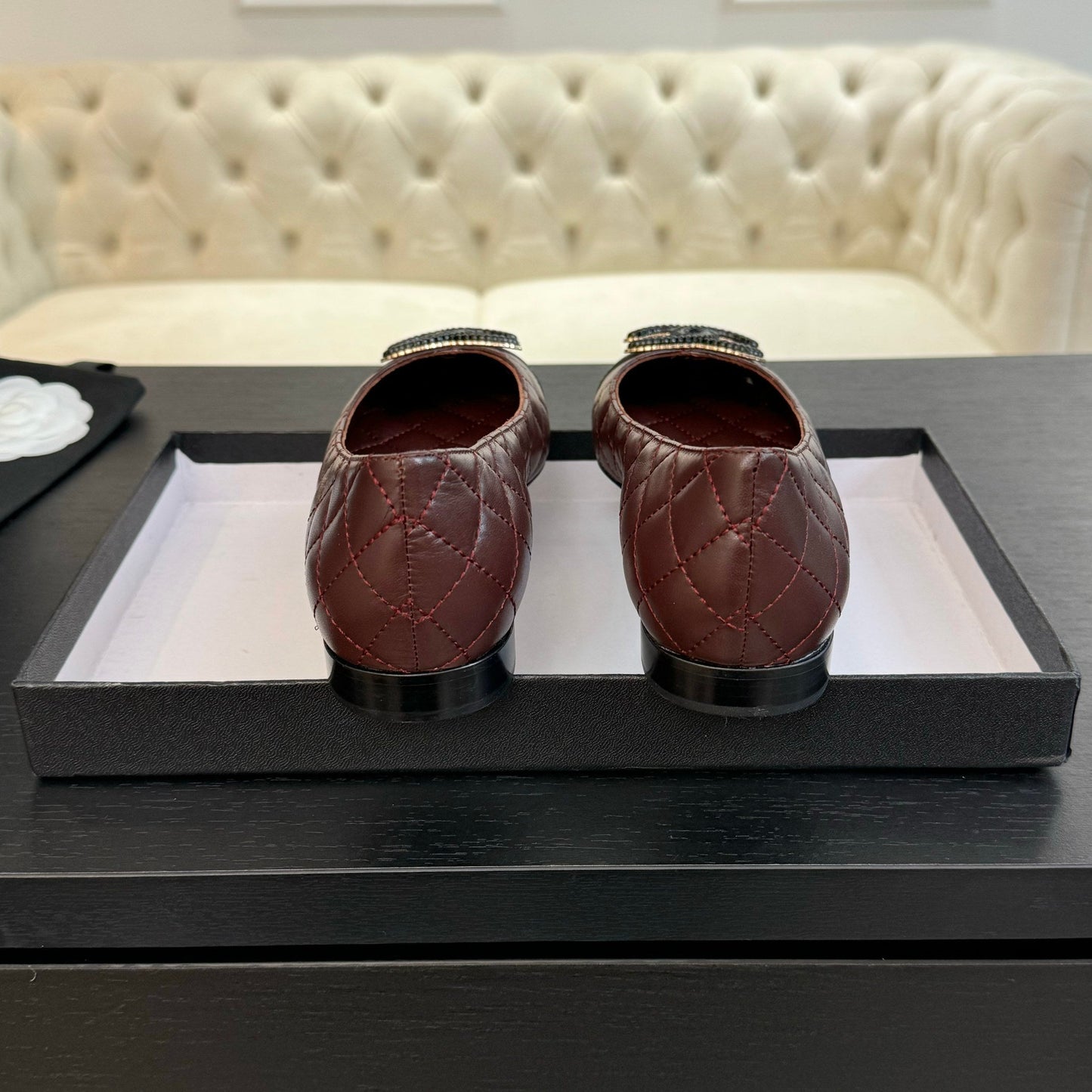 CHANEL ballet flat burgundy quilted lambskin large black logo