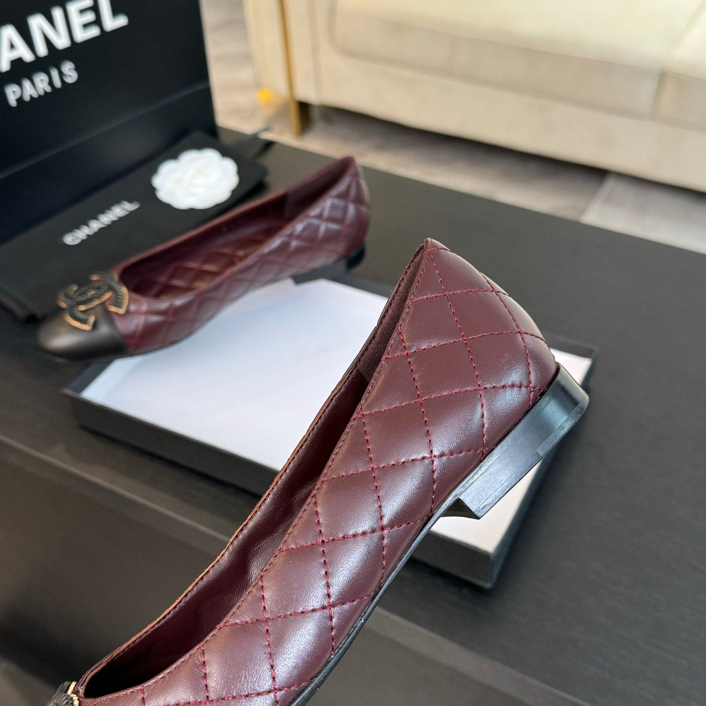 CHANEL ballet flat burgundy quilted lambskin large black logo