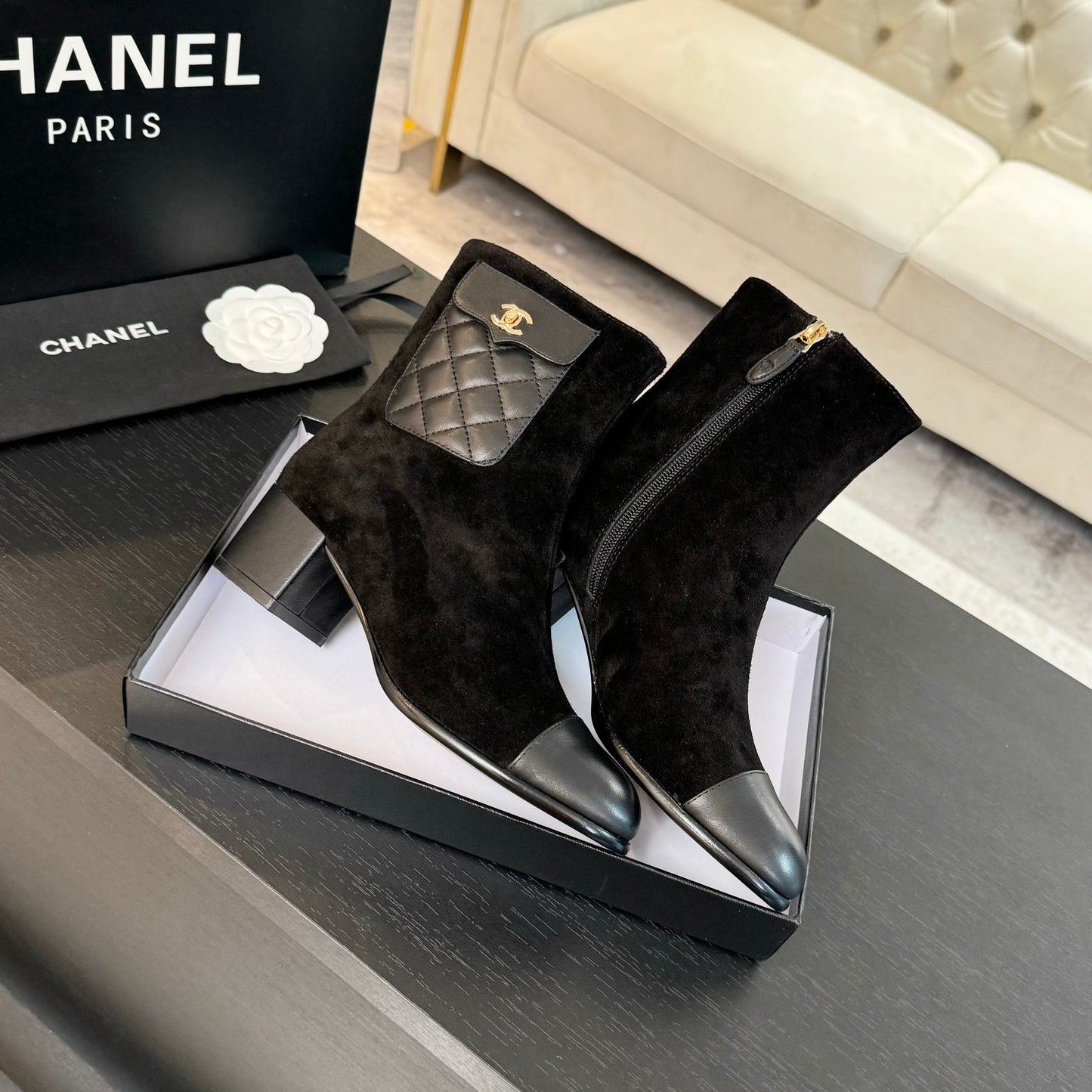 CHANEL Ankle Boots 50mm Black Suede And Lambskin