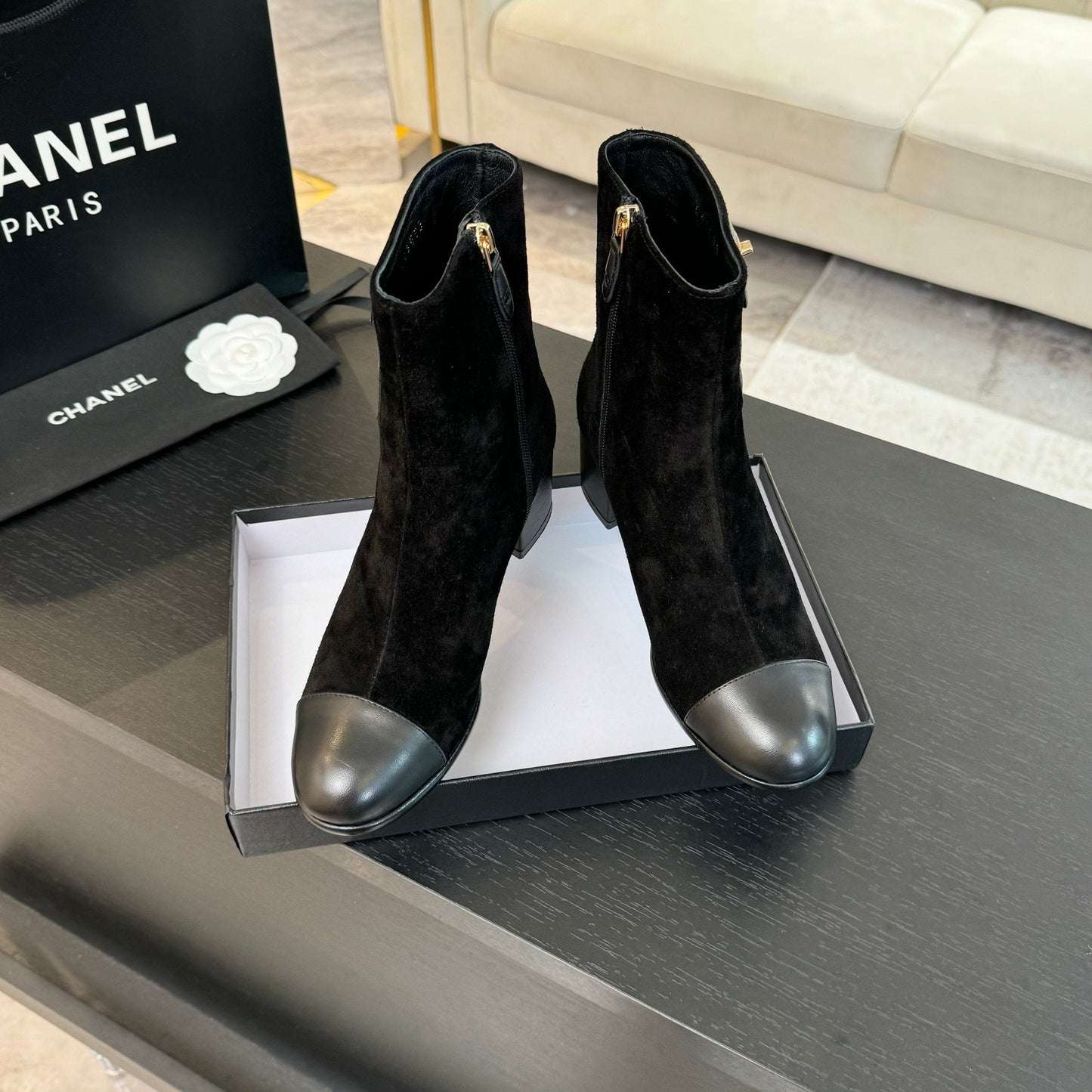 CHANEL Ankle Boots 50mm Black Suede And Lambskin
