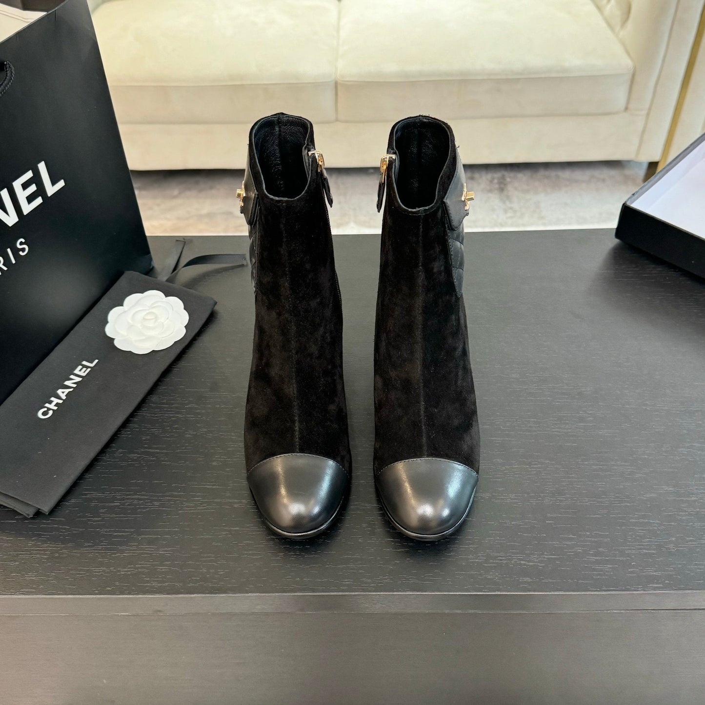 CHANEL Ankle Boots 50mm Black Suede And Lambskin
