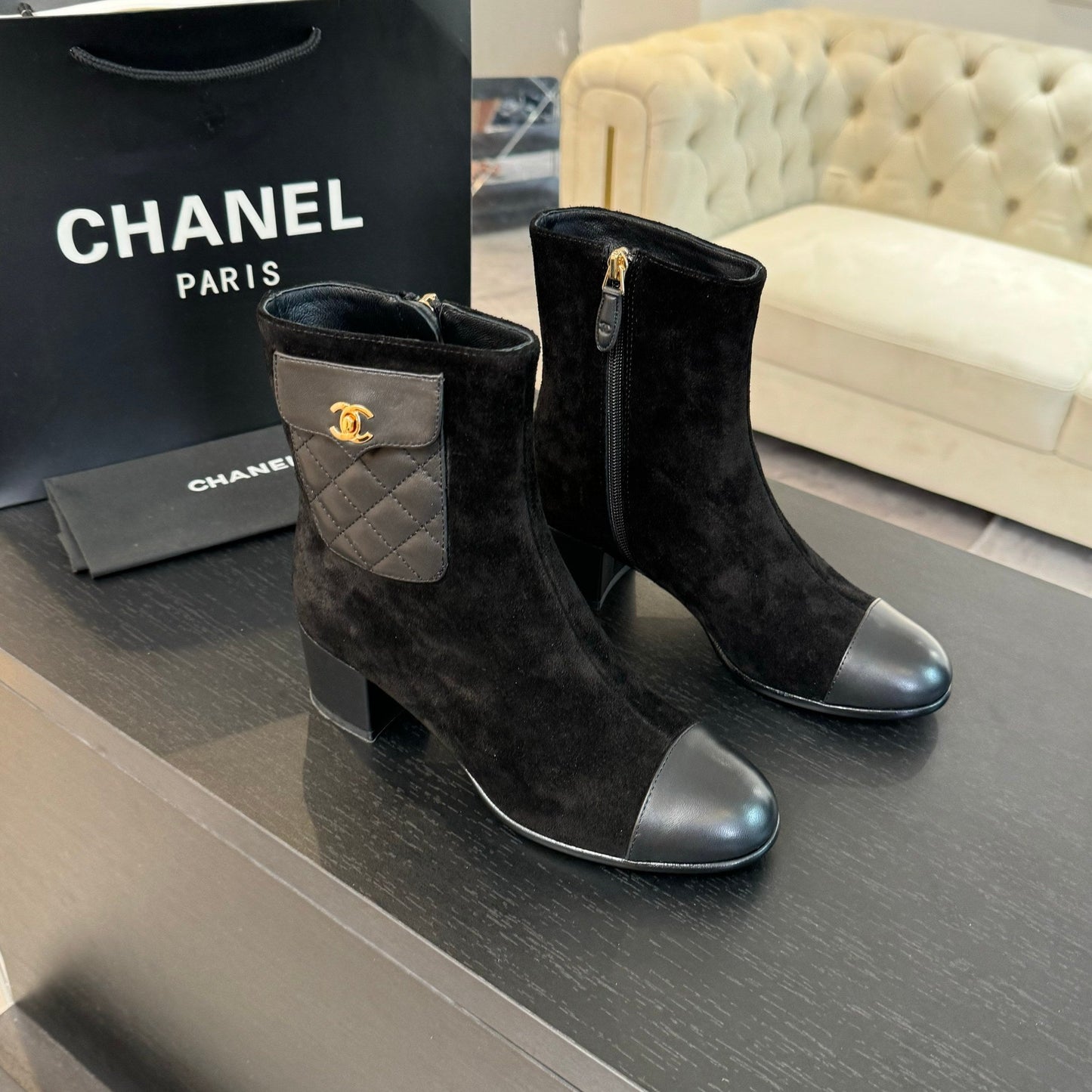 CHANEL Ankle Boots 50mm Black Suede And Lambskin