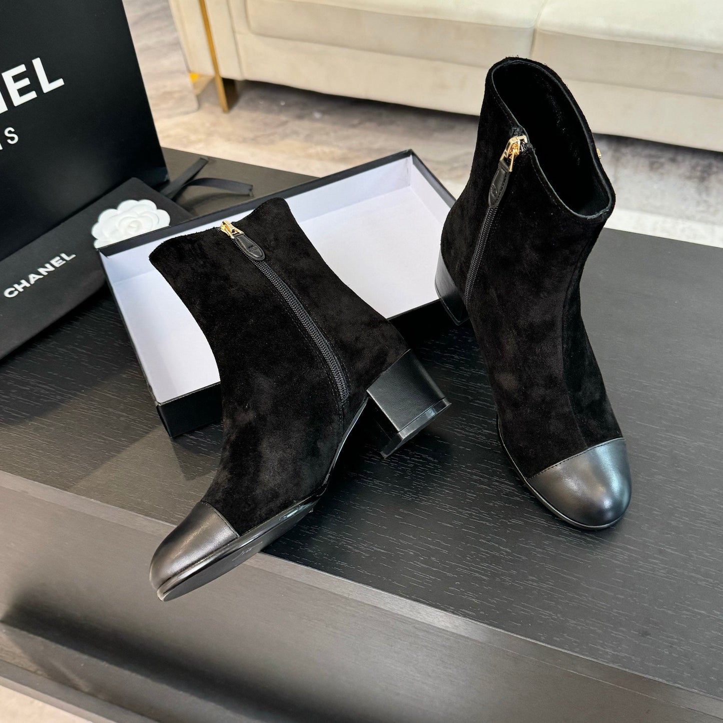 CHANEL Ankle Boots 50mm Black Suede And Lambskin