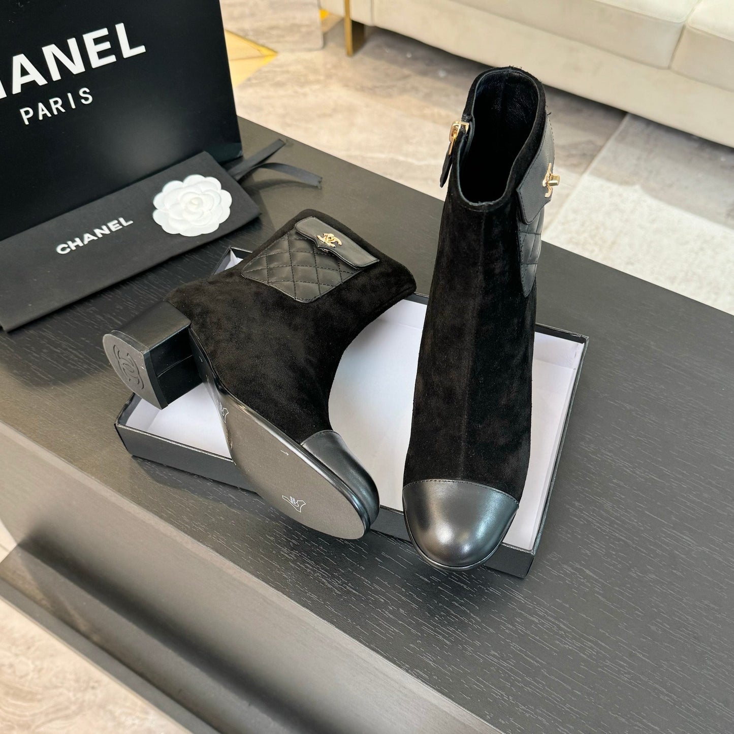 CHANEL Ankle Boots 50mm Black Suede And Lambskin