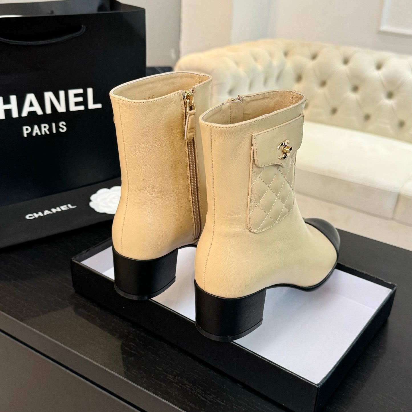 CHANEL Ankle Boots 50mm Beige Black Lambskin