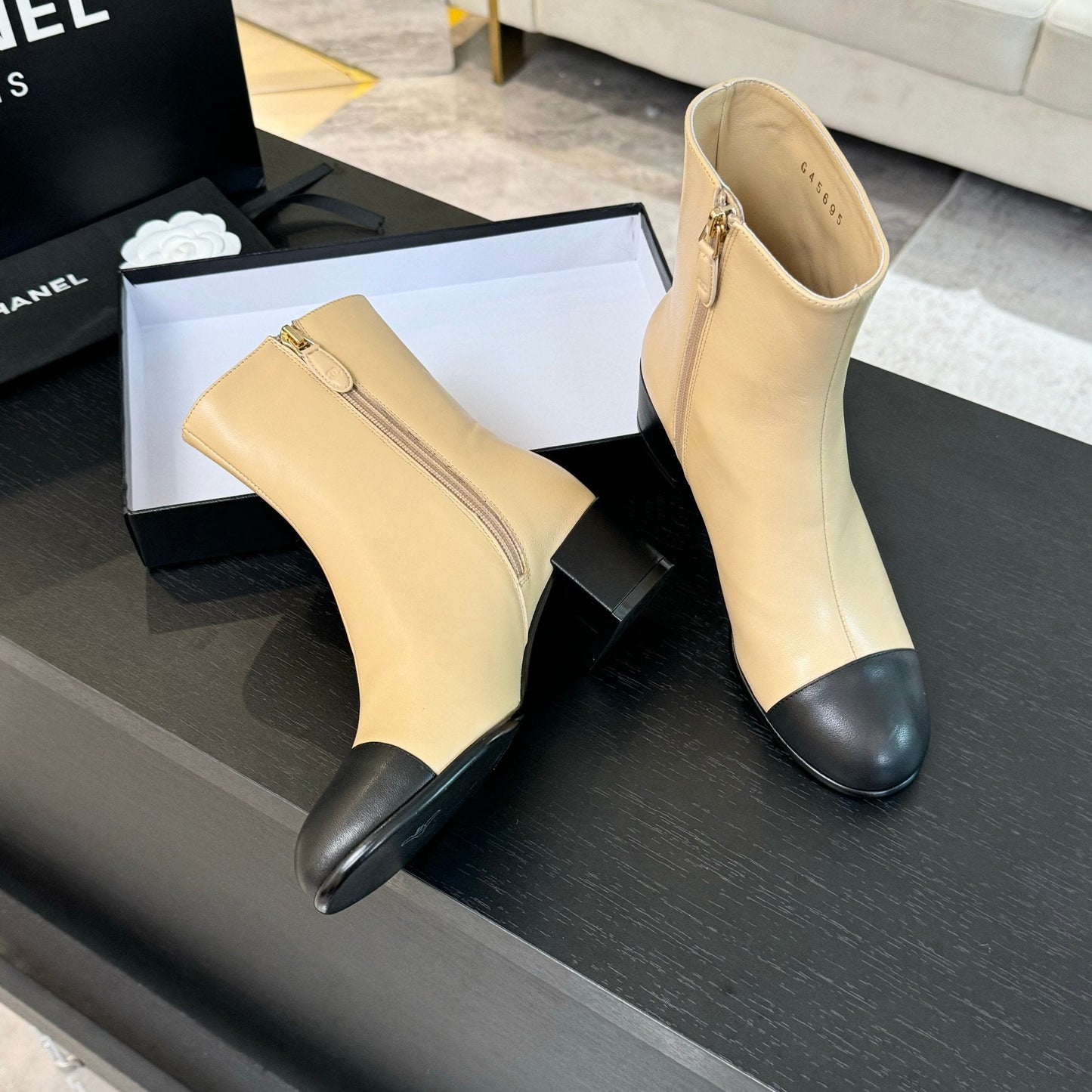 CHANEL Ankle Boots 50mm Beige Black Lambskin