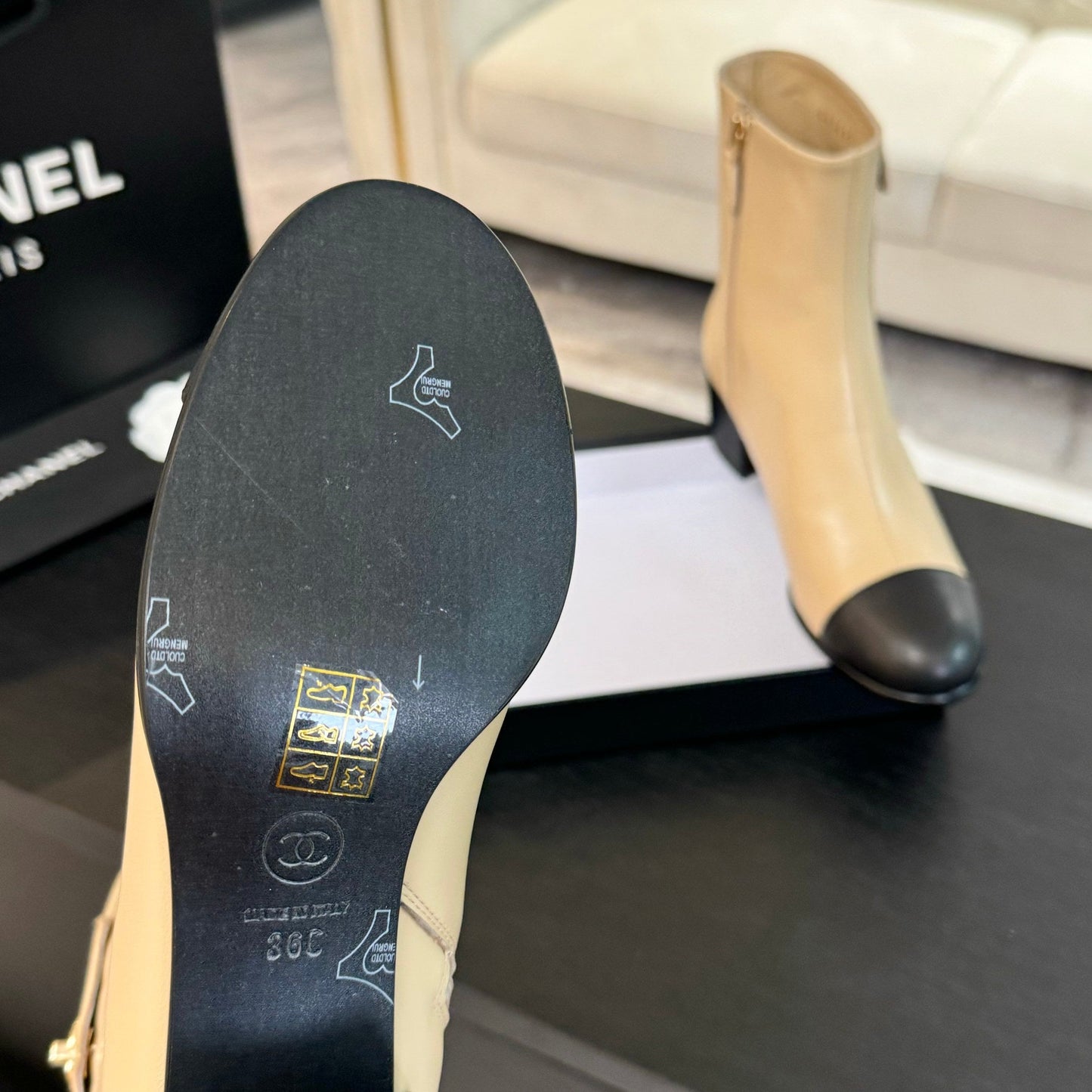 CHANEL Ankle Boots 50mm Beige Black Lambskin