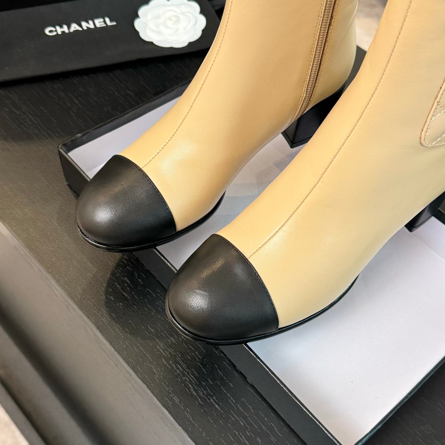CHANEL Ankle Boots 50mm Beige Black Lambskin
