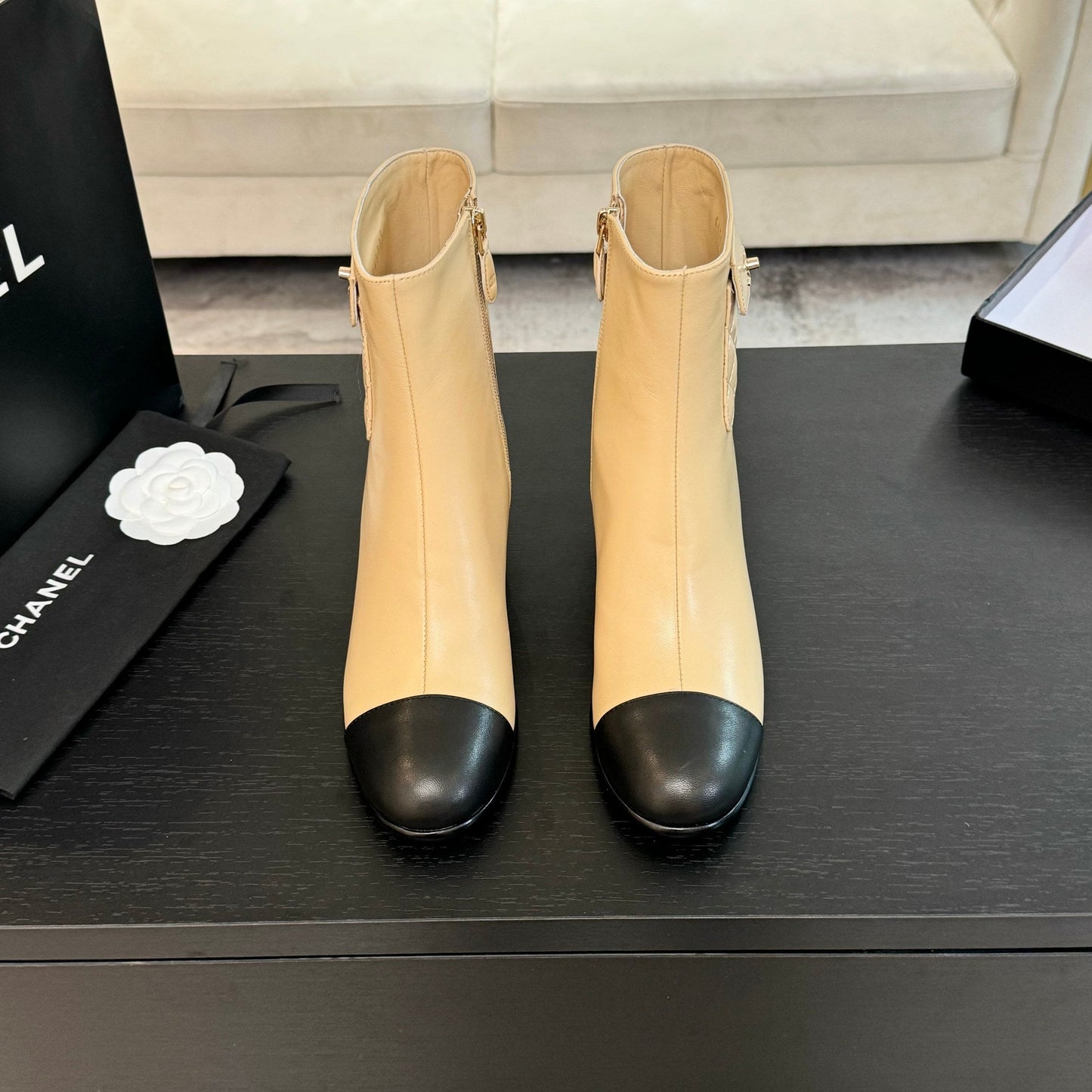 CHANEL Ankle Boots 50mm Beige Black Lambskin