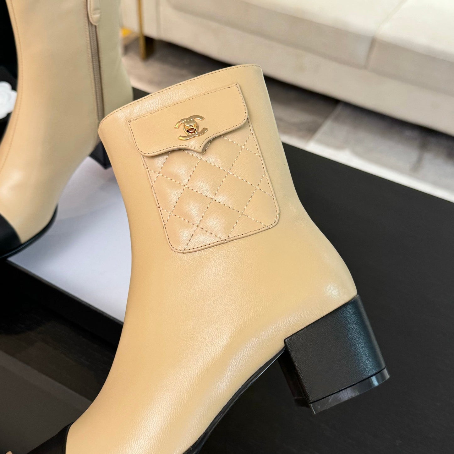 CHANEL Ankle Boots 50mm Beige Black Lambskin