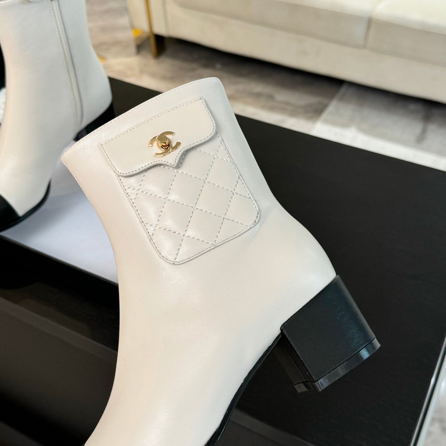 CHANEL Ankle Boots 50mm White Black Lambskin