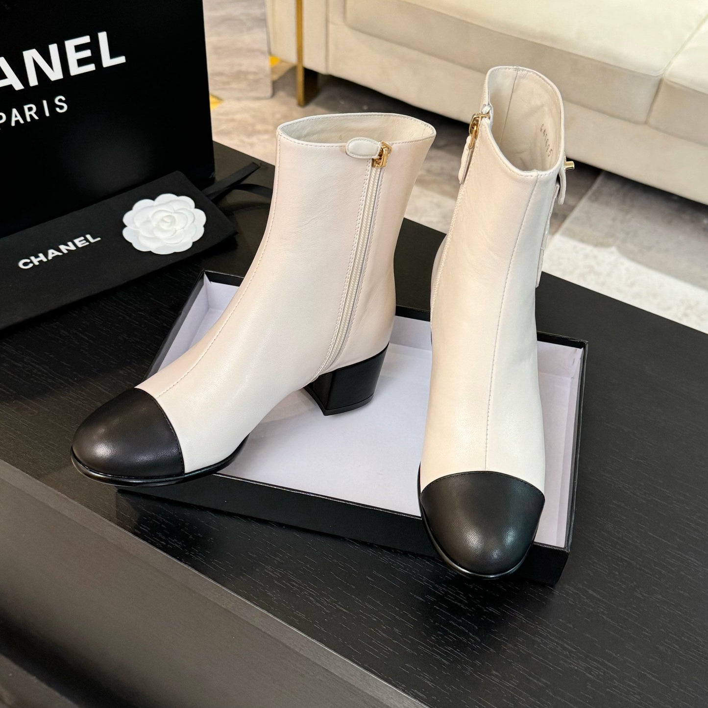 CHANEL Ankle Boots 50mm White Black Lambskin