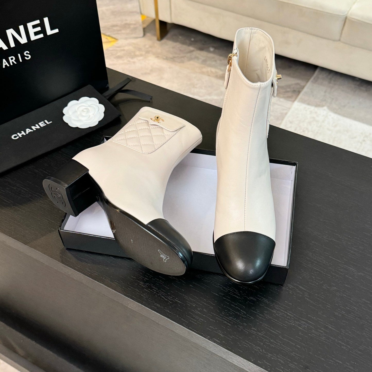 CHANEL Ankle Boots 50mm White Black Lambskin