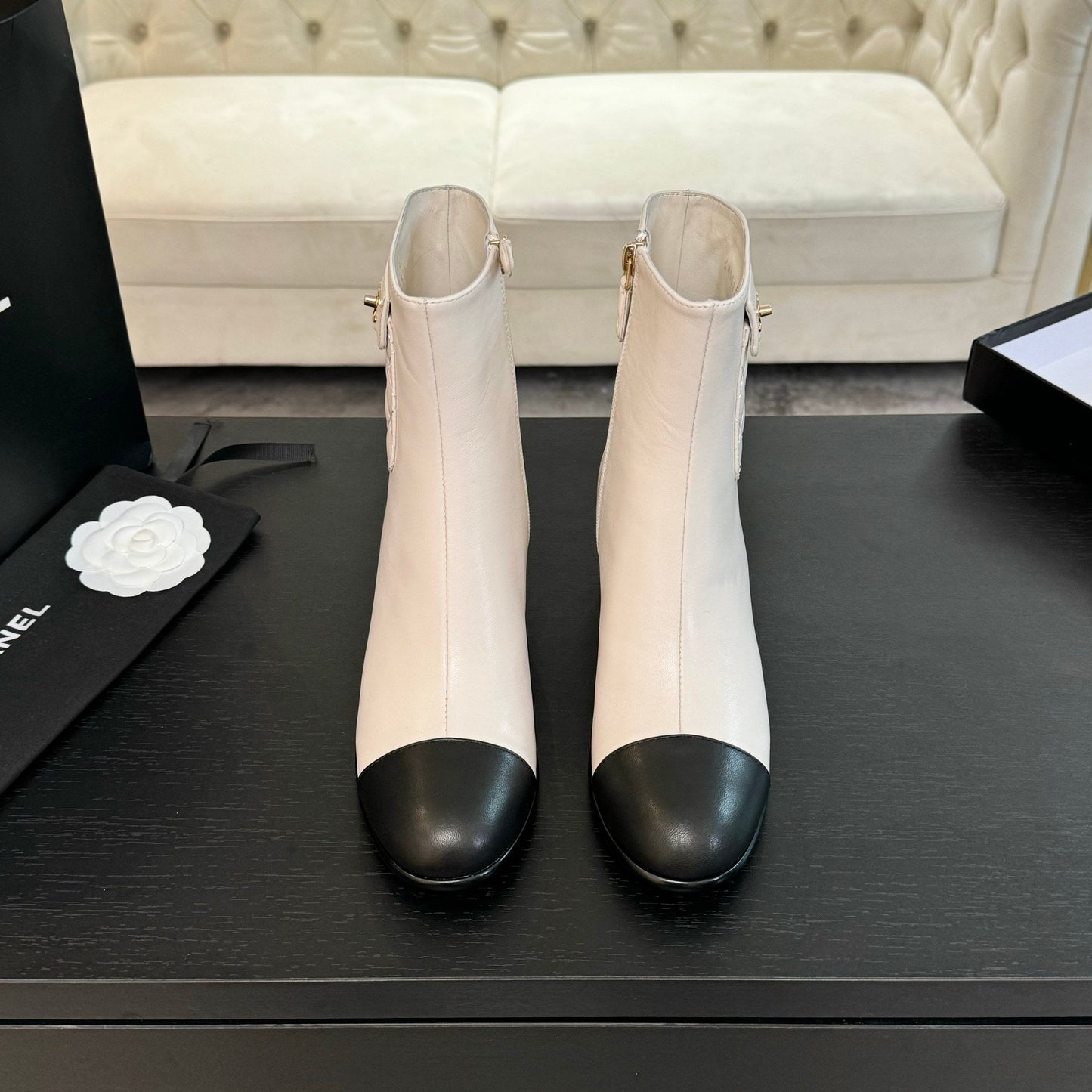 CHANEL Ankle Boots 50mm White Black Lambskin