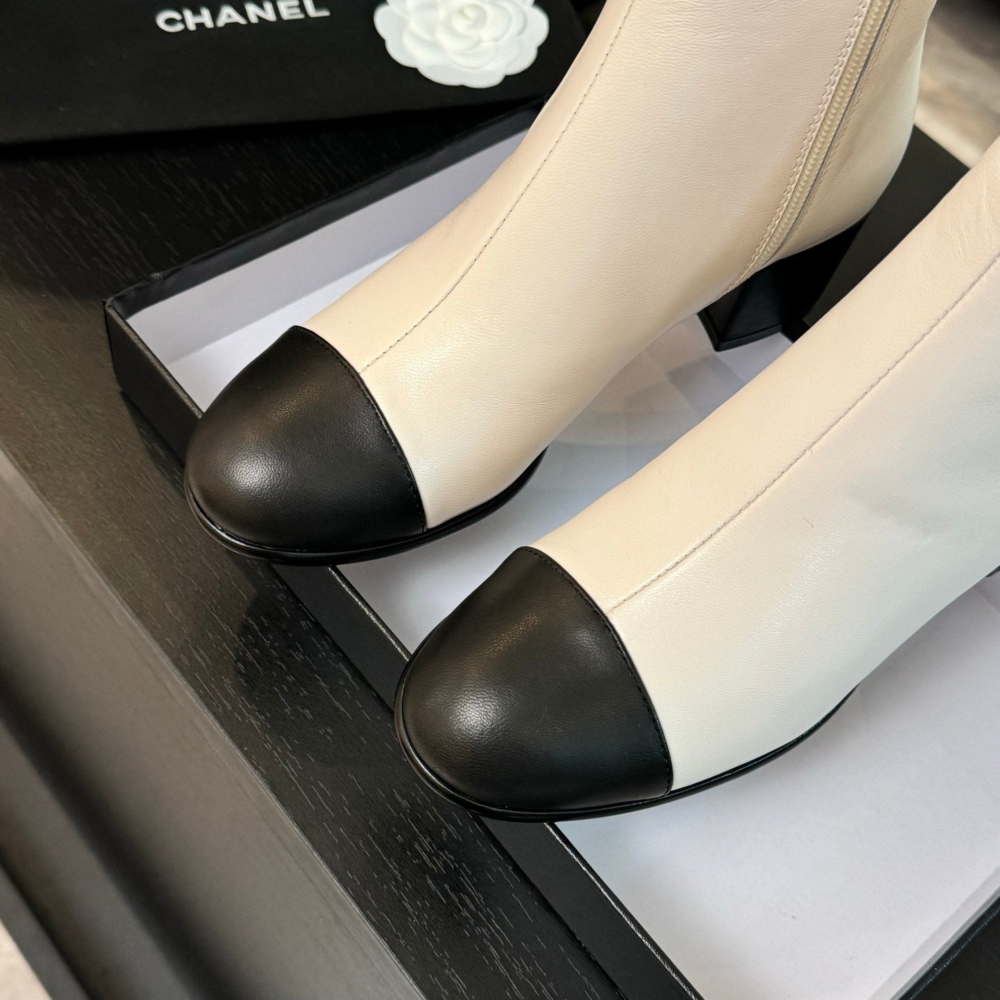 CHANEL Ankle Boots 50mm White Black Lambskin
