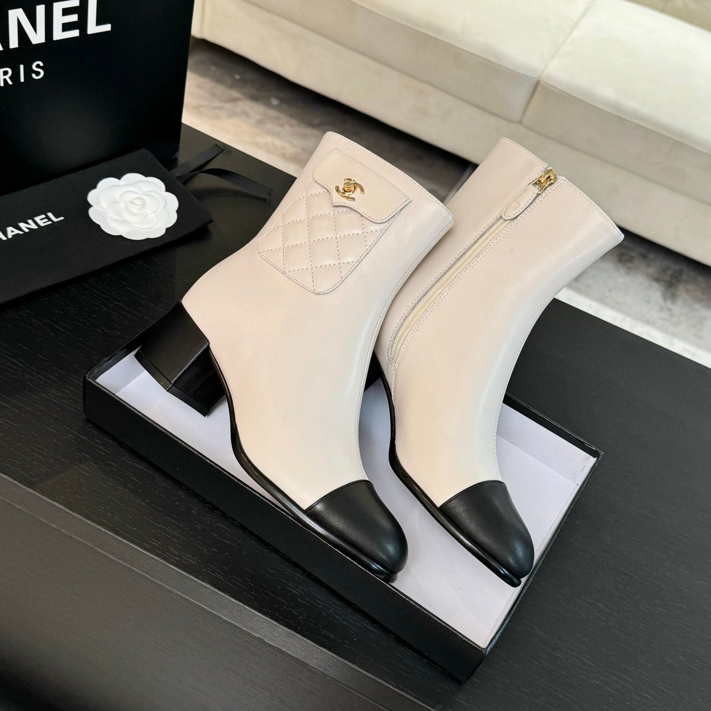 CHANEL Ankle Boots 50mm White Black Lambskin