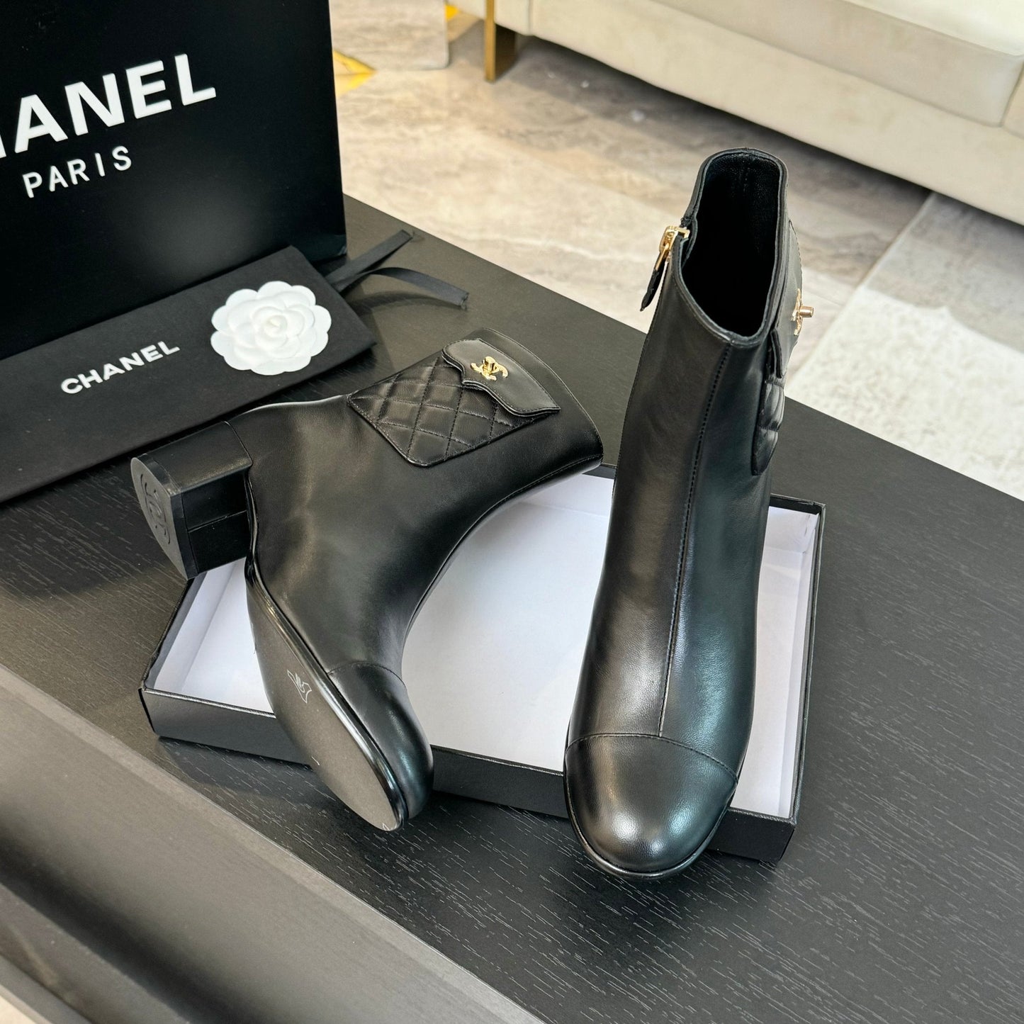 CHANEL Ankle Boots 50mm Black Lambskin