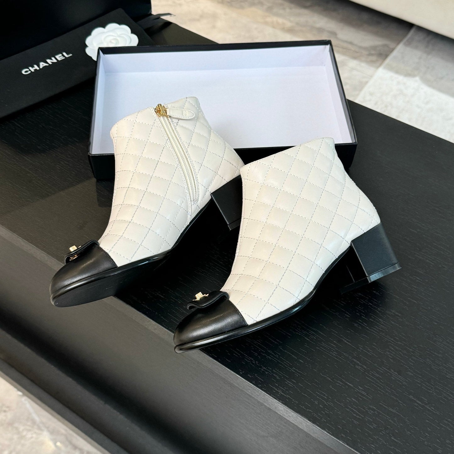 CHANEL Ankle Boots 50mm White Black Quilted Lambskin