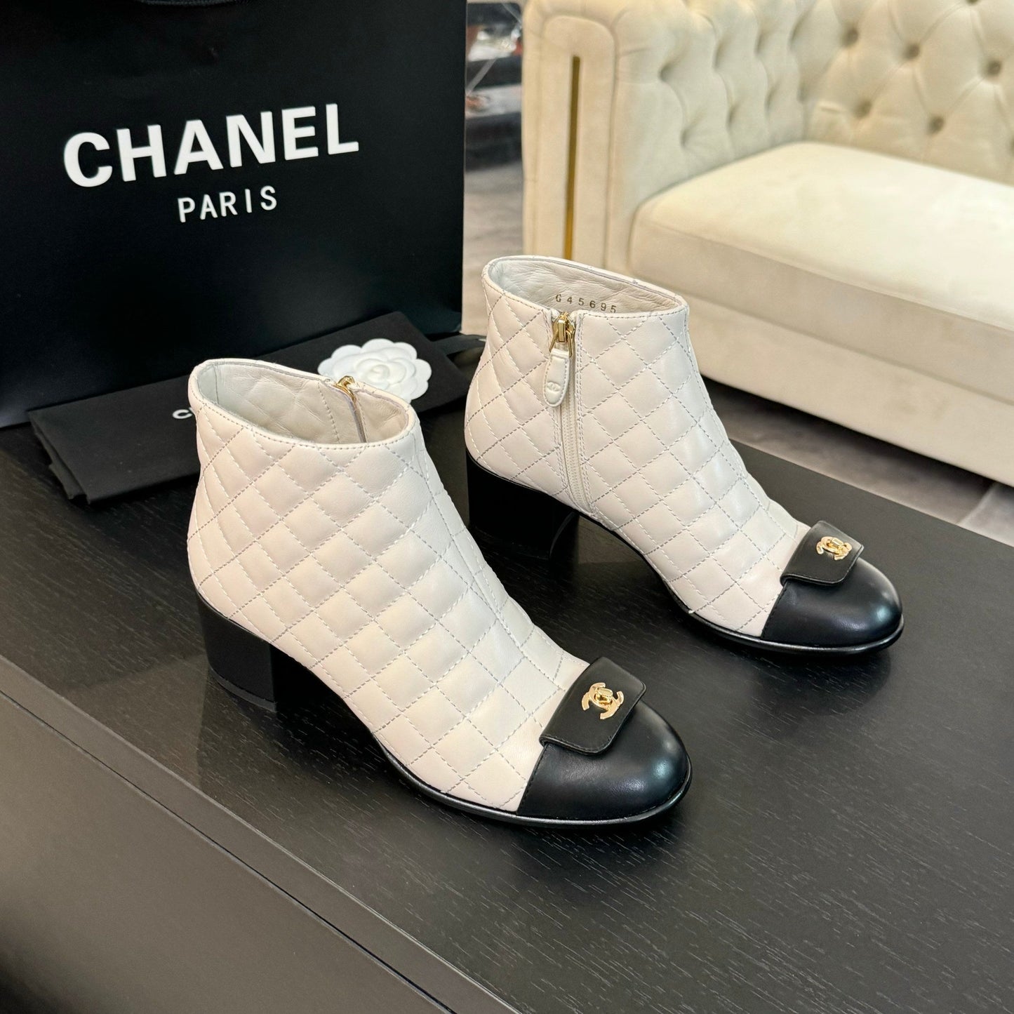 CHANEL Ankle Boots 50mm White Black Quilted Lambskin
