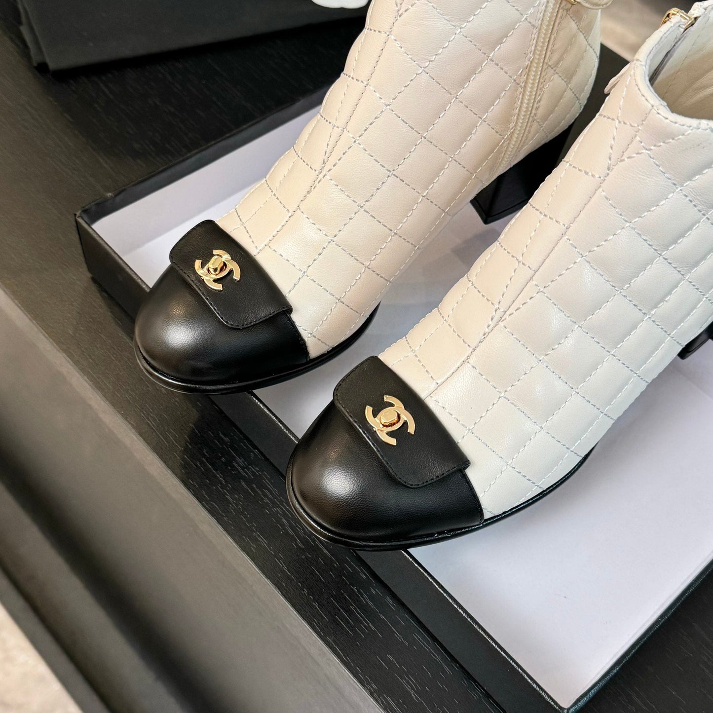 CHANEL Ankle Boots 50mm White Black Quilted Lambskin