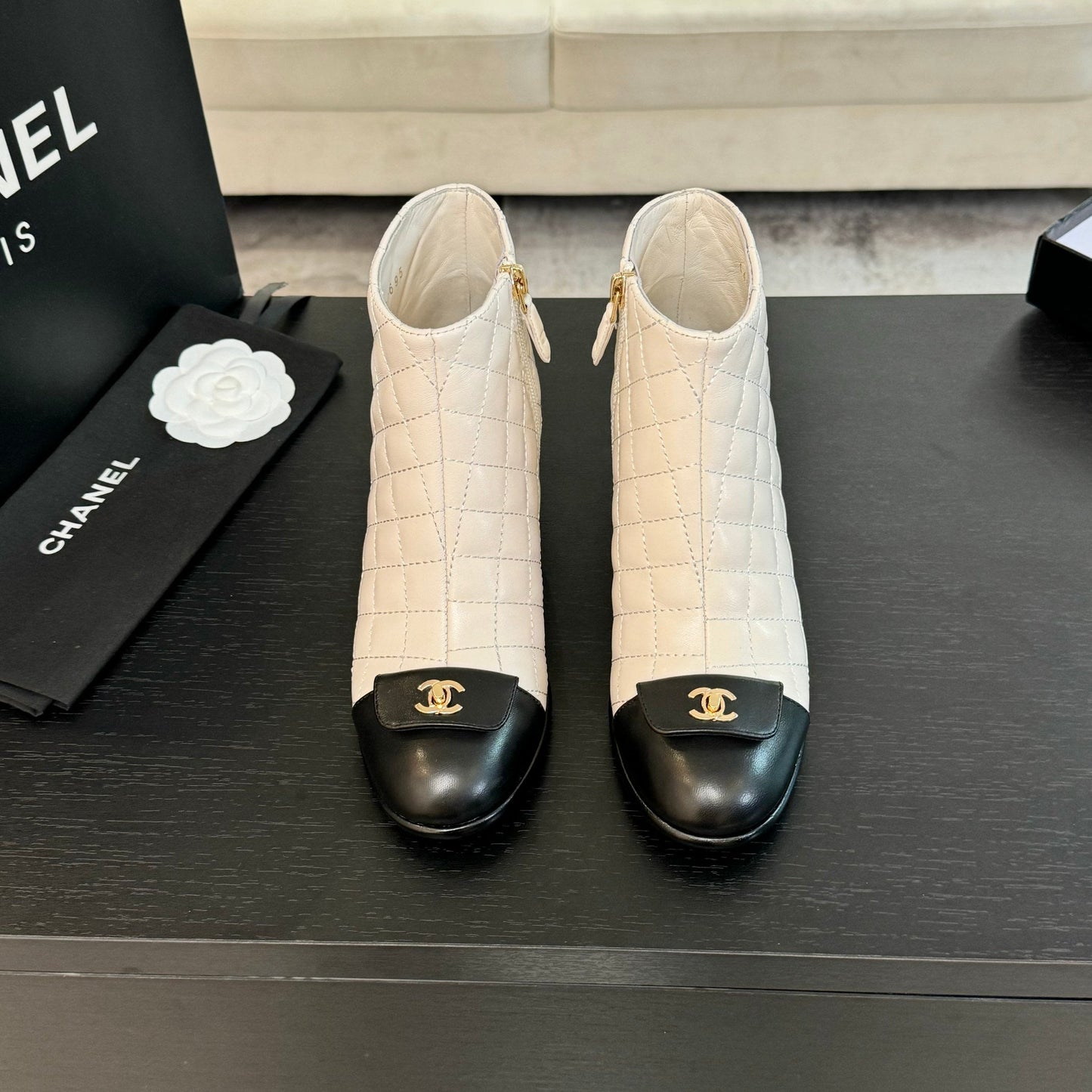 CHANEL Ankle Boots 50mm White Black Quilted Lambskin