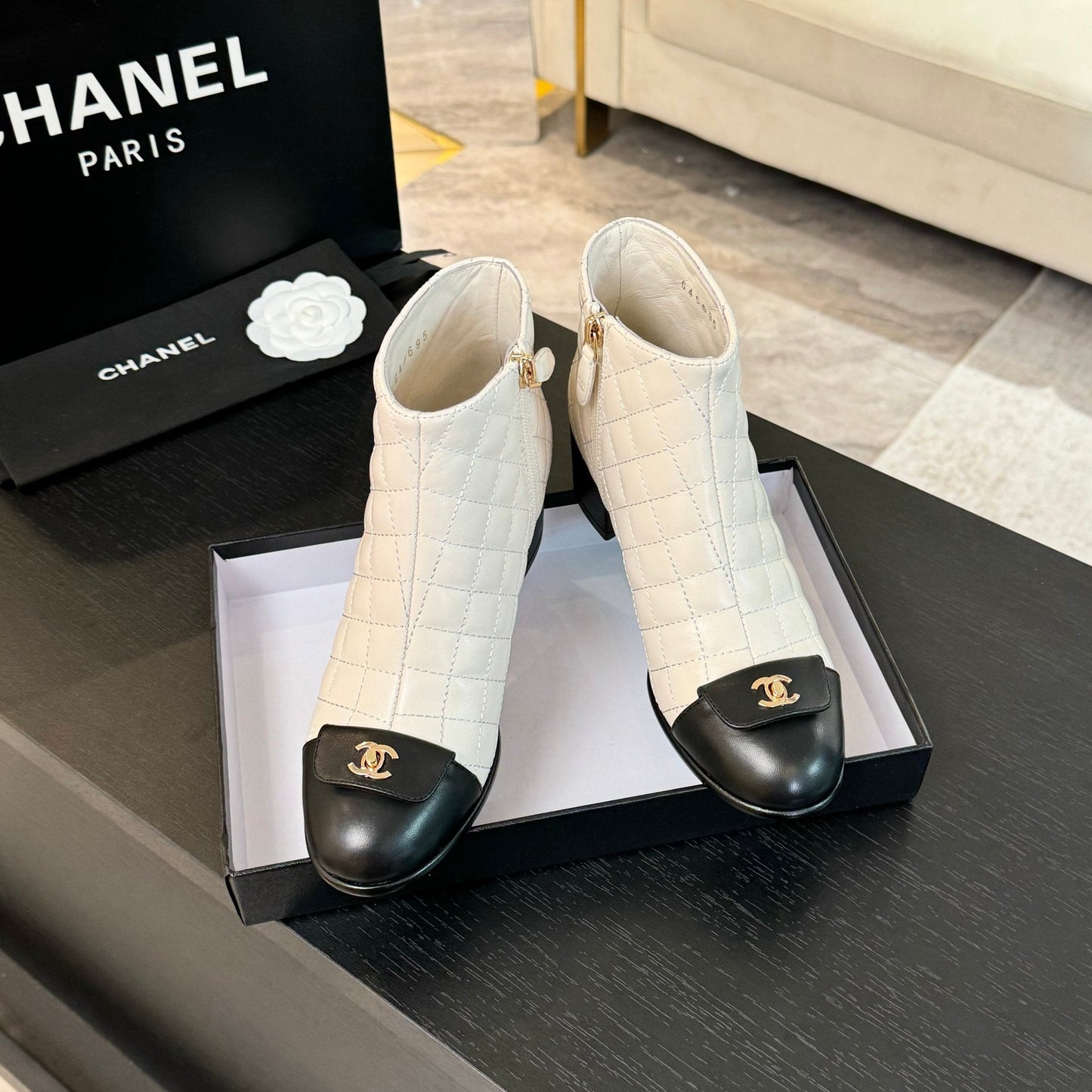 CHANEL Ankle Boots 50mm White Black Quilted Lambskin