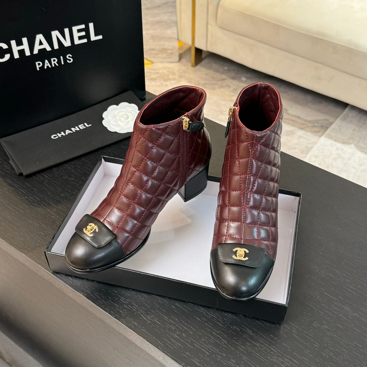 CHANEL Ankle Boots 50mm Burgundy Black Quilted Lambskin