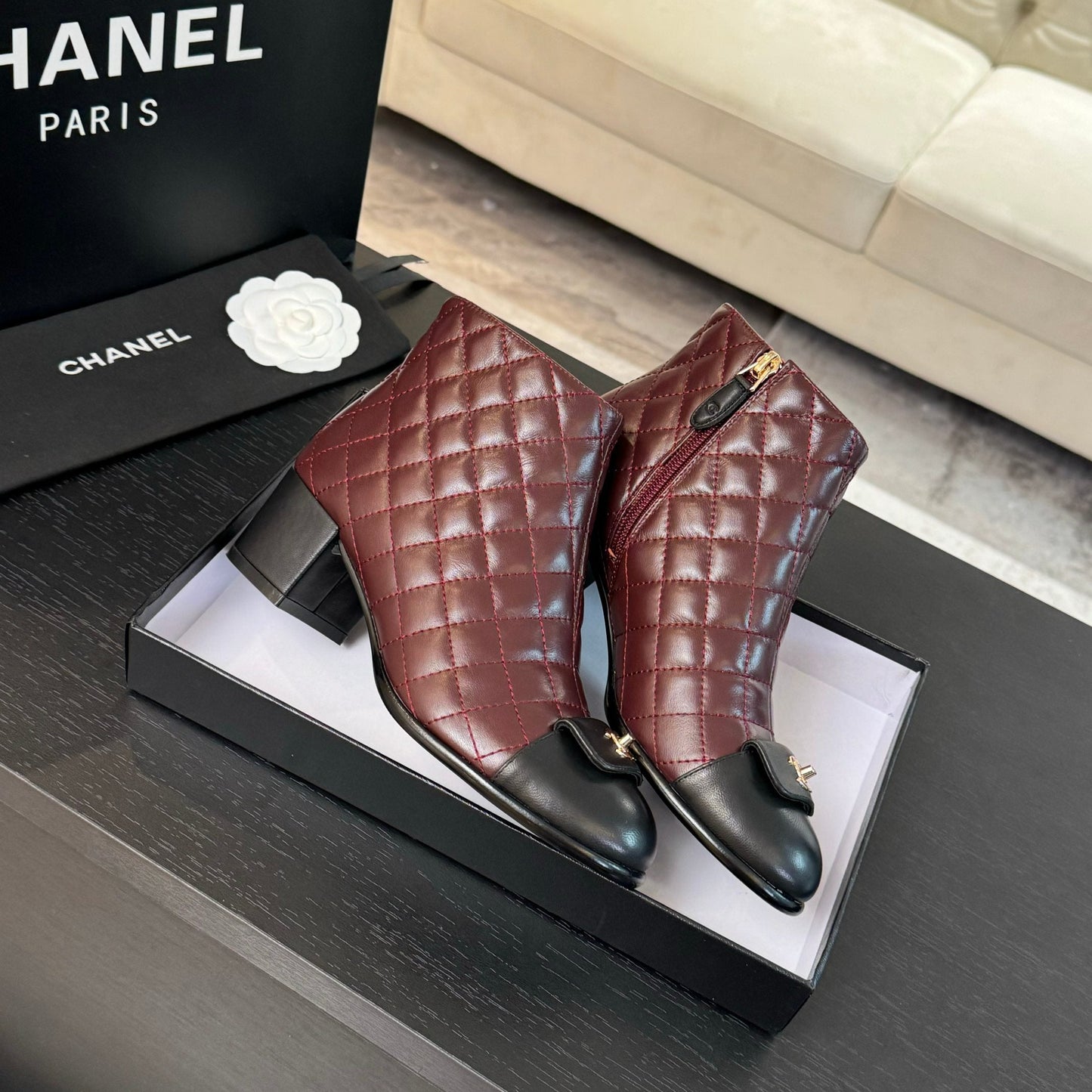 CHANEL Ankle Boots 50mm Burgundy Black Quilted Lambskin