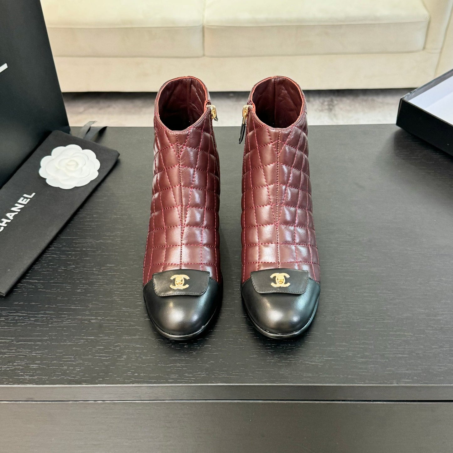 CHANEL Ankle Boots 50mm Burgundy Black Quilted Lambskin