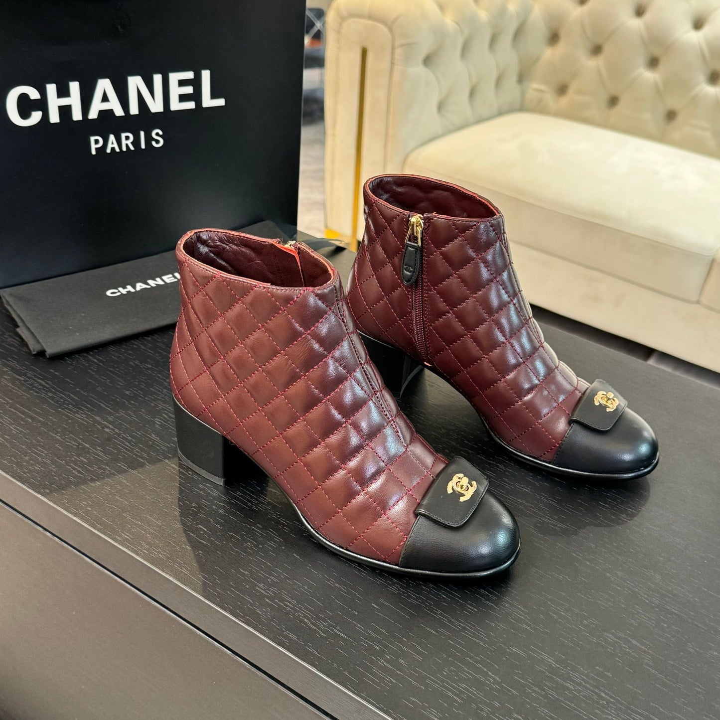 CHANEL Ankle Boots 50mm Burgundy Black Quilted Lambskin