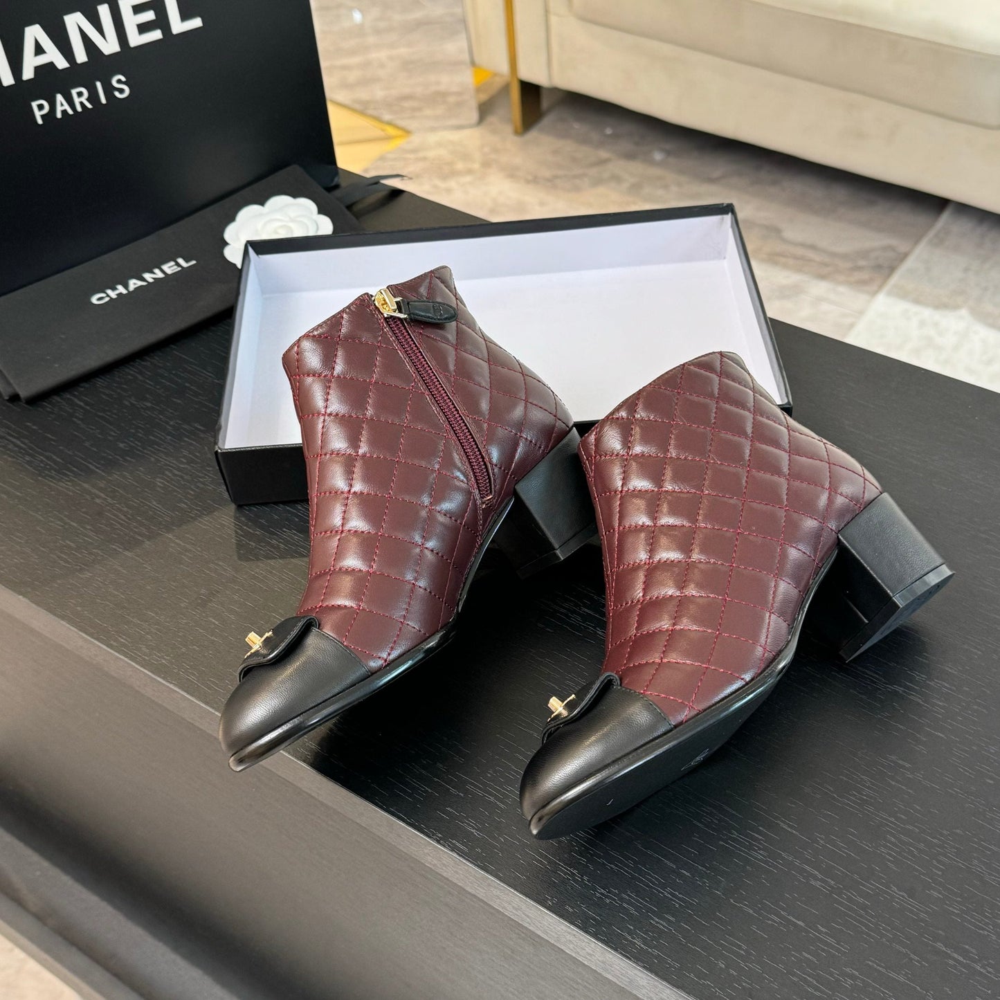 CHANEL Ankle Boots 50mm Burgundy Black Quilted Lambskin