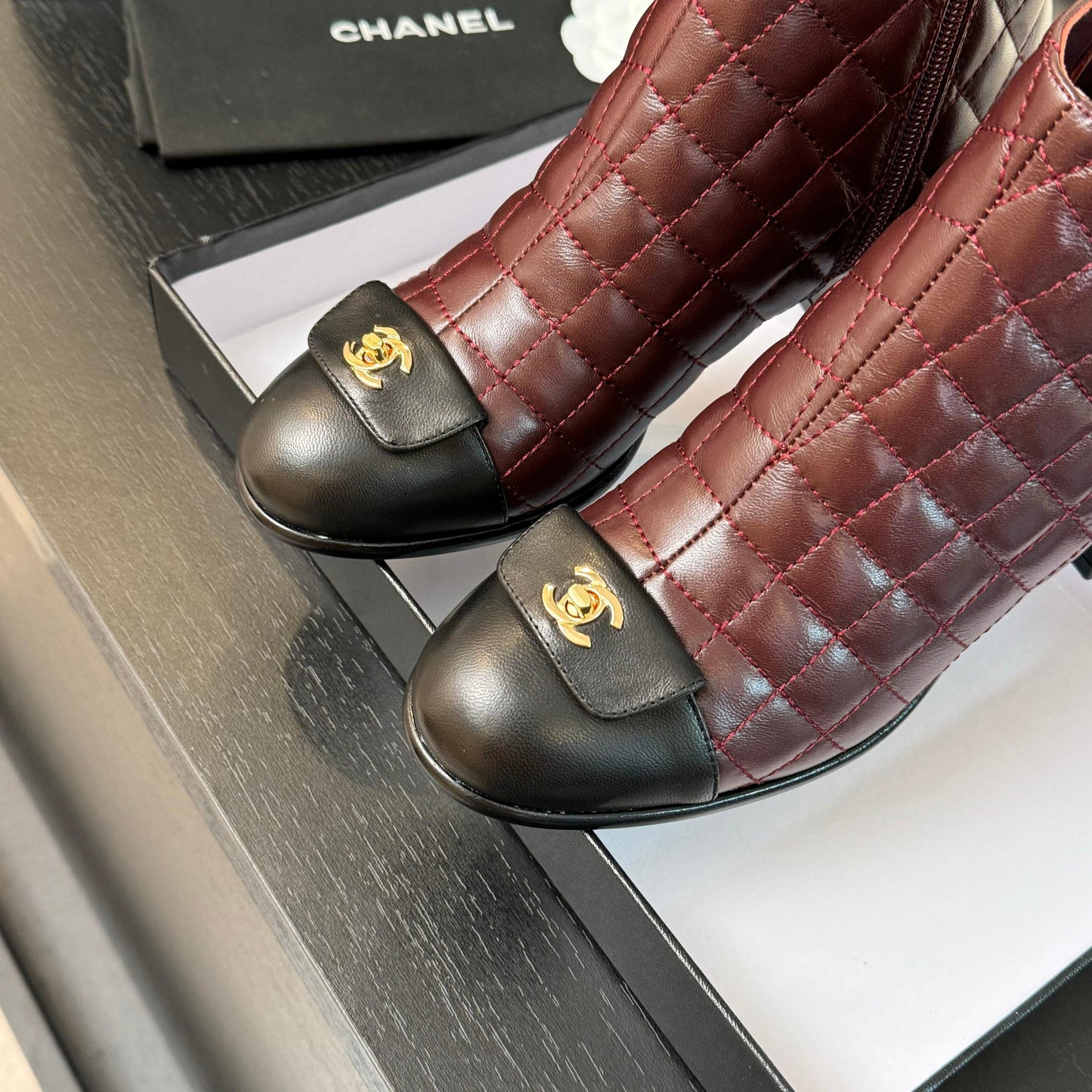CHANEL Ankle Boots 50mm Burgundy Black Quilted Lambskin