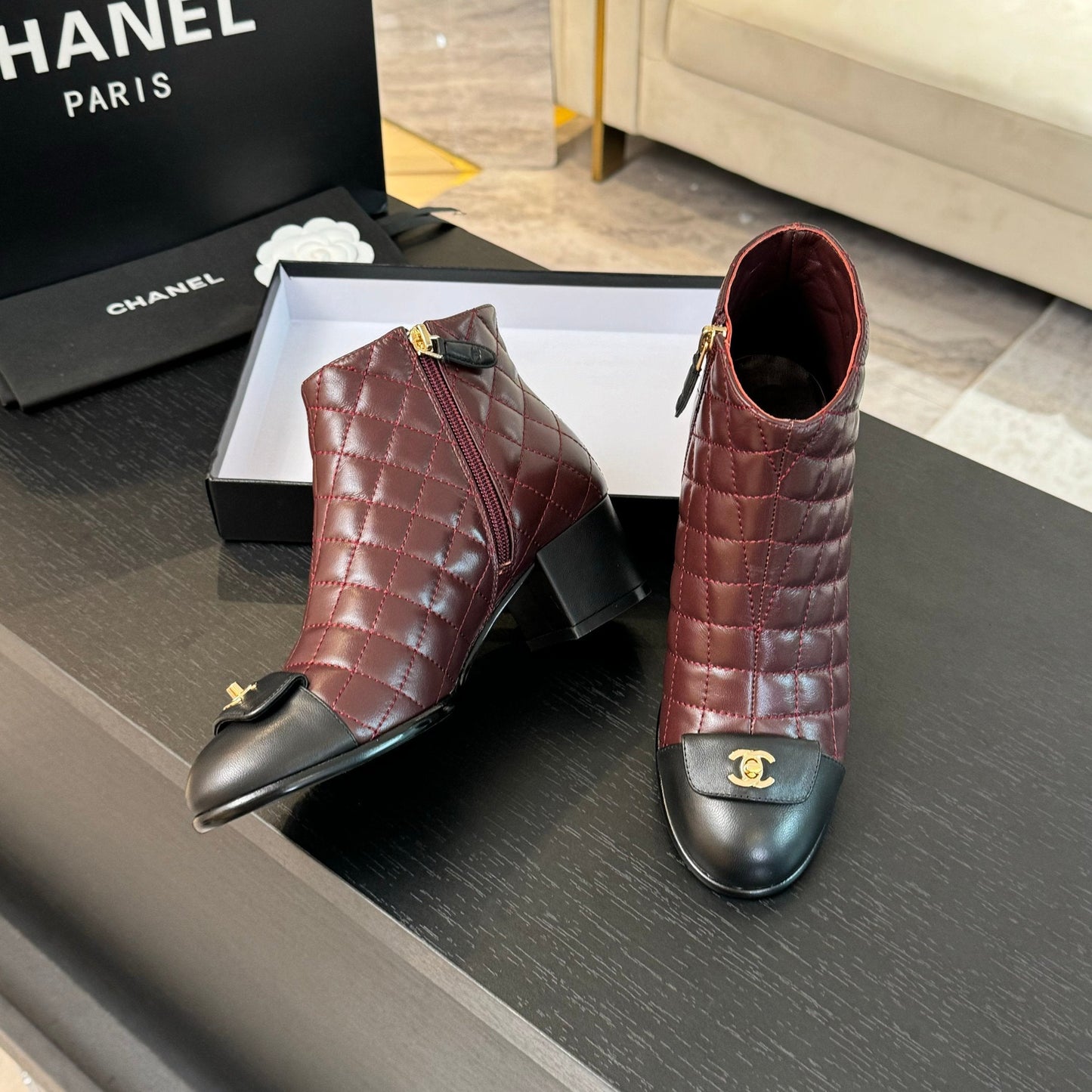 CHANEL Ankle Boots 50mm Burgundy Black Quilted Lambskin