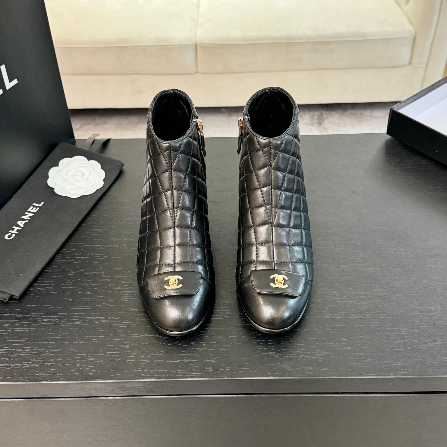 CHANEL Ankle Boots 50mm Black Quilted Lambskin