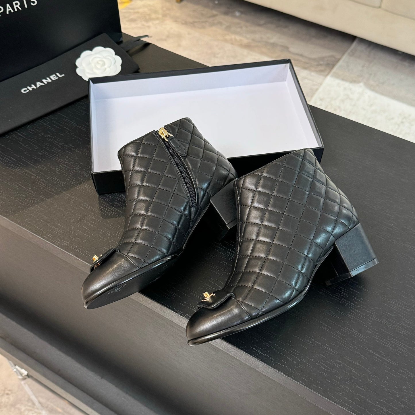 CHANEL Ankle Boots 50mm Black Quilted Lambskin