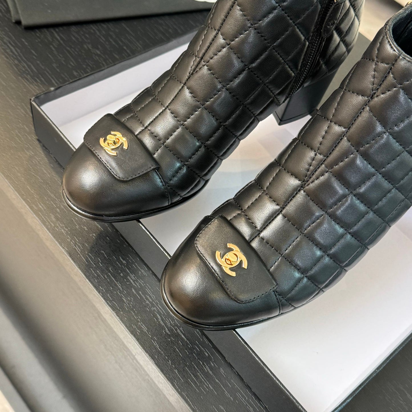 CHANEL Ankle Boots 50mm Black Quilted Lambskin