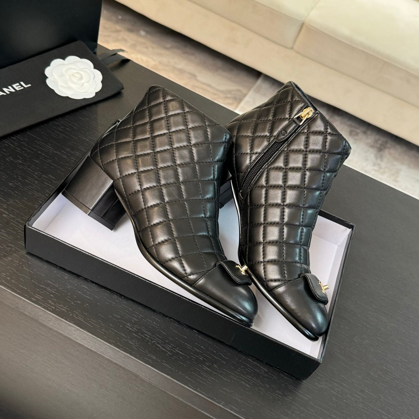 CHANEL Ankle Boots 50mm Black Quilted Lambskin
