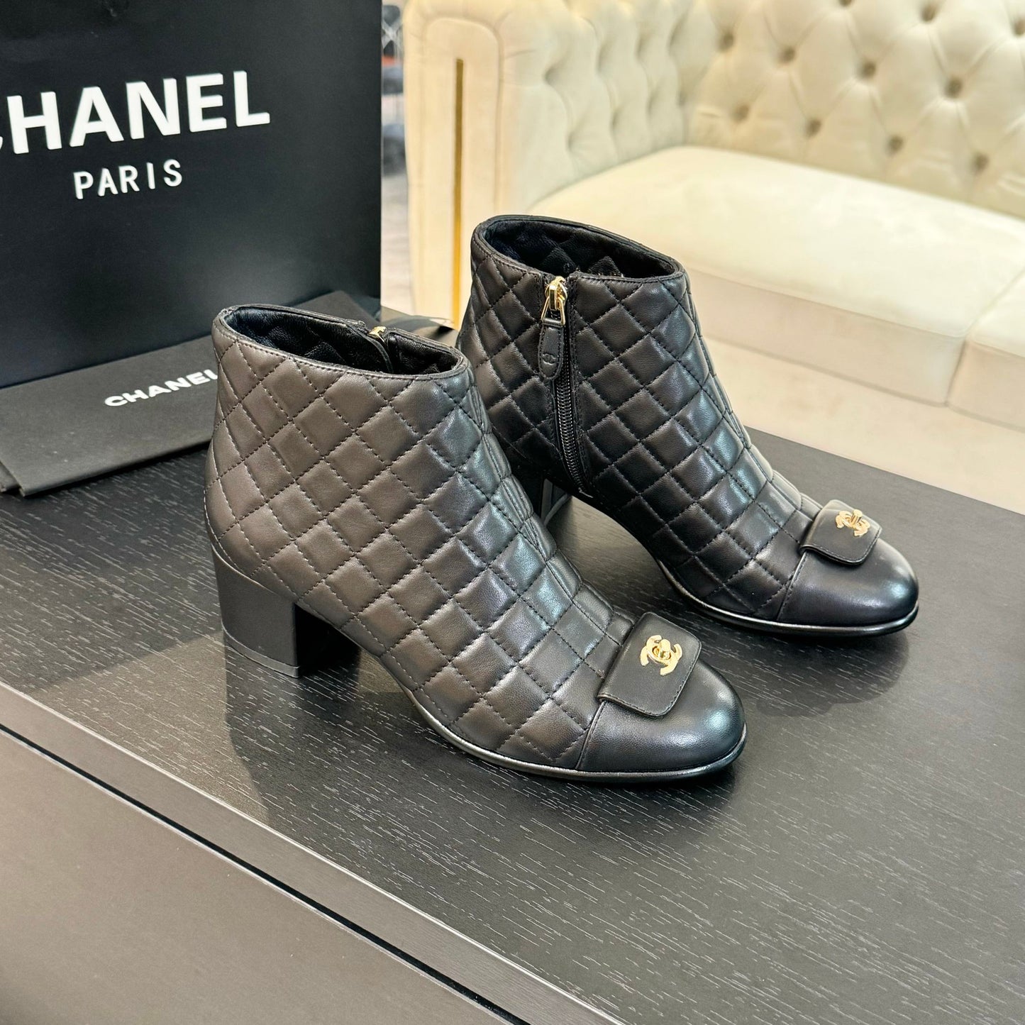 CHANEL Ankle Boots 50mm Black Quilted Lambskin