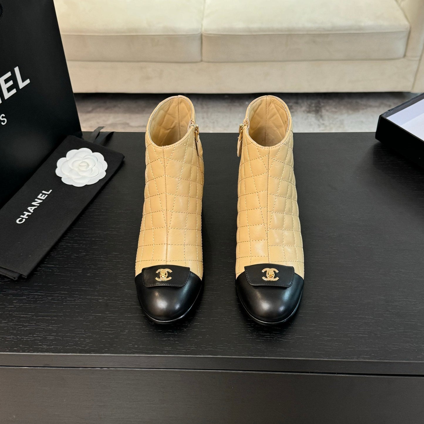 CHANEL Ankle Boots 50mm Beige Black Quilted Lambskin