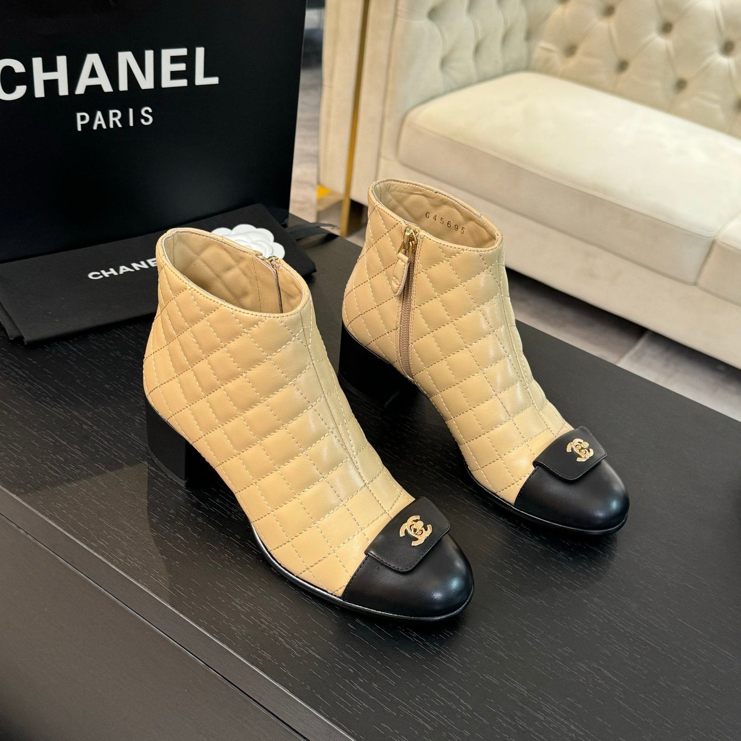 CHANEL Ankle Boots 50mm Beige Black Quilted Lambskin