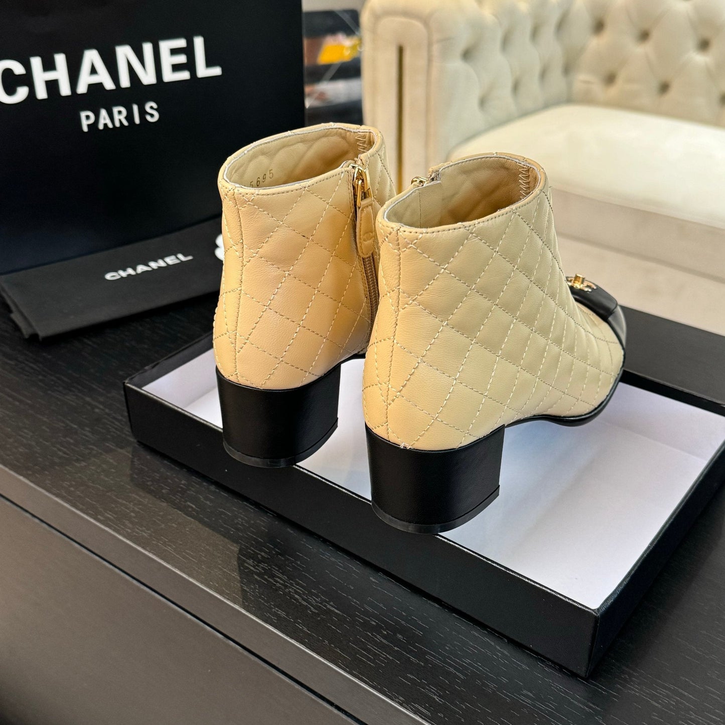 CHANEL Ankle Boots 50mm Beige Black Quilted Lambskin