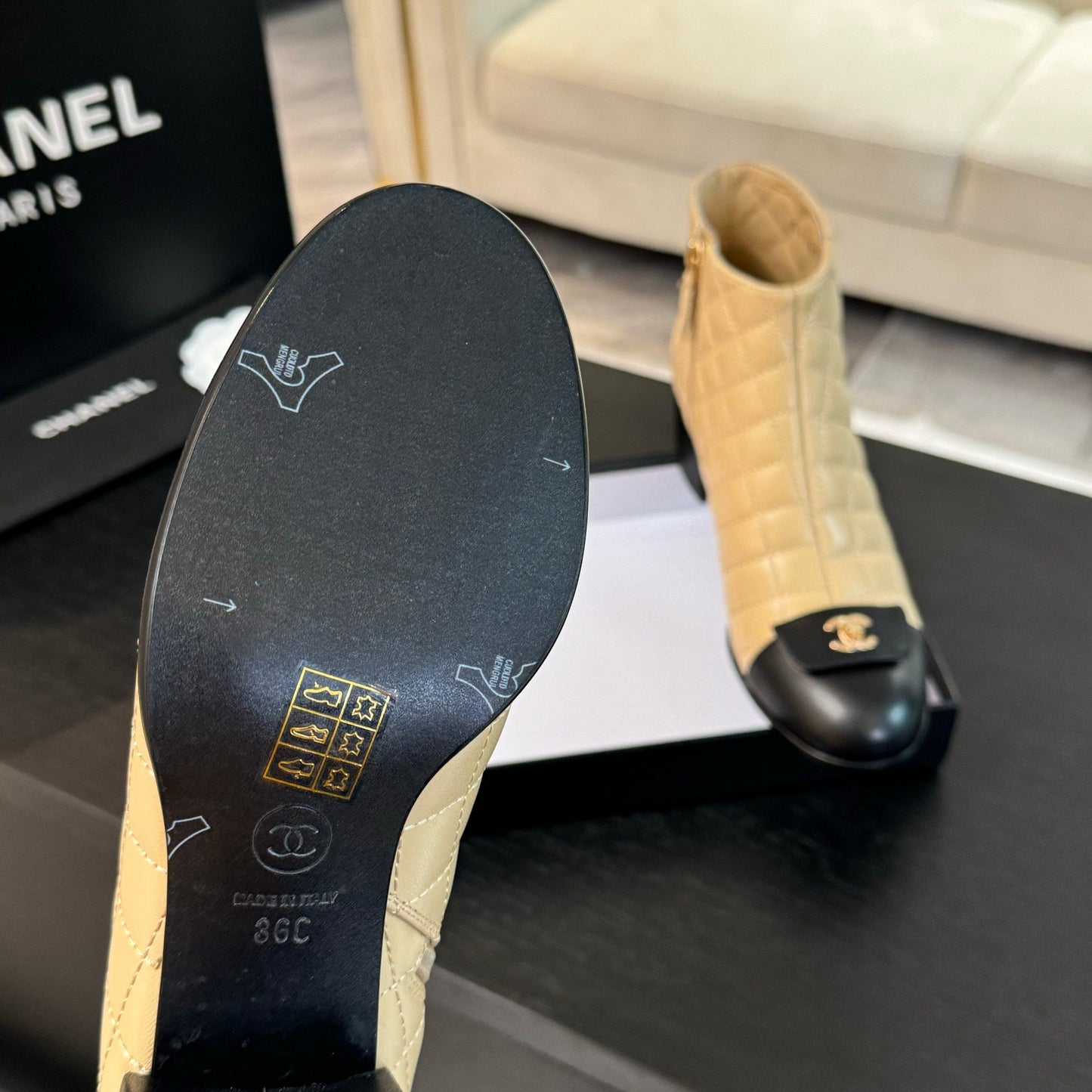 CHANEL Ankle Boots 50mm Beige Black Quilted Lambskin